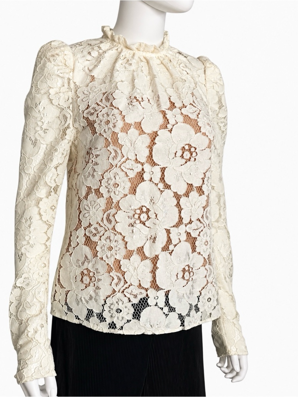 WAYF Women’s Small Ivory Floral Lace Blouse Puff Sleeve Ruffle Neck NWT Cami - Picture 5 of 9